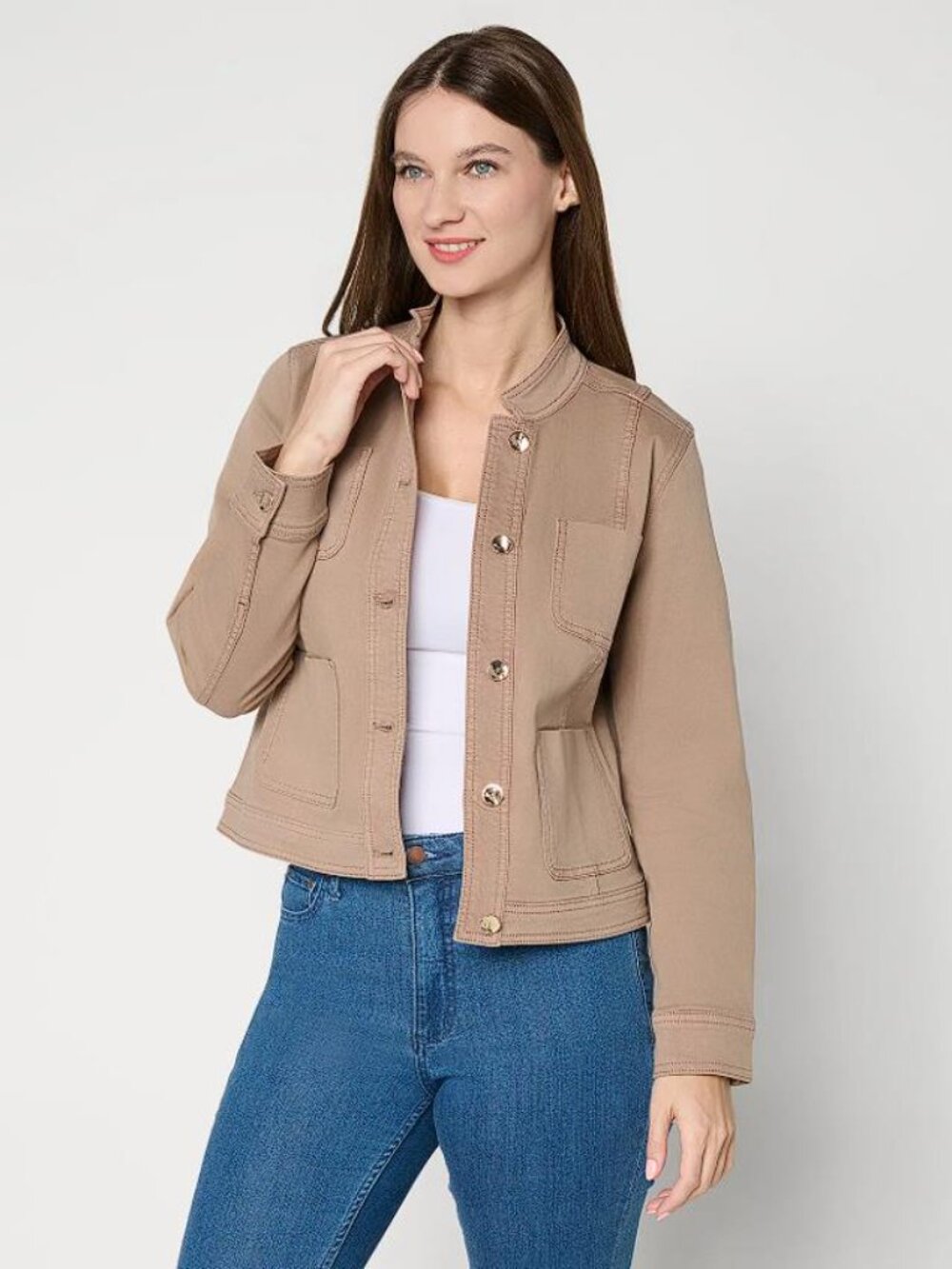 SUSAN GRAVER Women's Stretch Denim Jacket with Novelty Buttons Size XS In Taupe